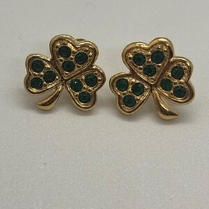 Avon Vintage Gold Tone Emerald Green Rhinestone Shamrock Clover Stud Earrings